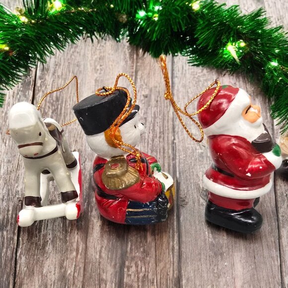 Vtg Set Of 3 Hand-Painted Ceramic Christmas Ornaments Santa Toy Soldier Horse - Picture 7 of 9